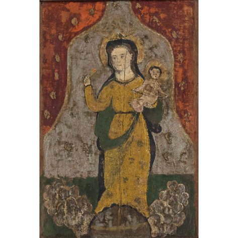An icon of La Virgen de la Candelaria under a lambrequin