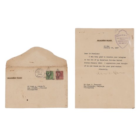 An actual 1937 letter sent and signed by President Manuel L. Quezon at sea during his voyage to the United States