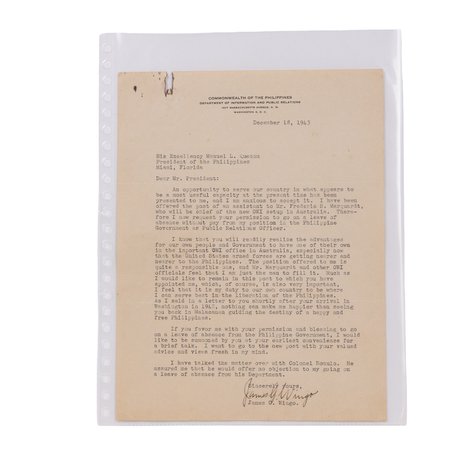 A lot of 6 confidential World War II reports addressed to President Manuel L. Quezon during his exile in the United States during the Japanese Occupation