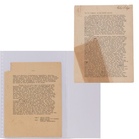 An original manuscript of a speech by Sergio Osmeña to the United States Congress in his capacity as Senator of the Philippine Islands