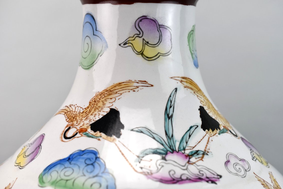 Chinese Famille Rose Cranes in Clouds Ceramic Vase, photo 6 of 15