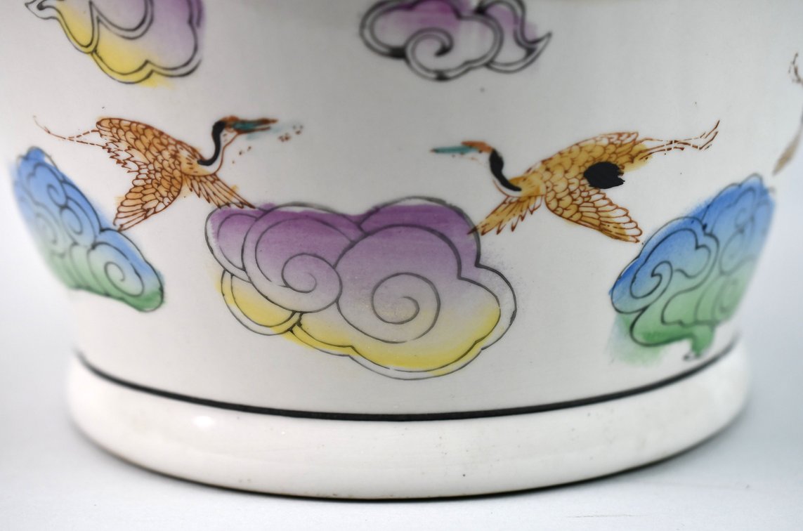 Chinese Famille Rose Cranes in Clouds Ceramic Vase, photo 9 of 15