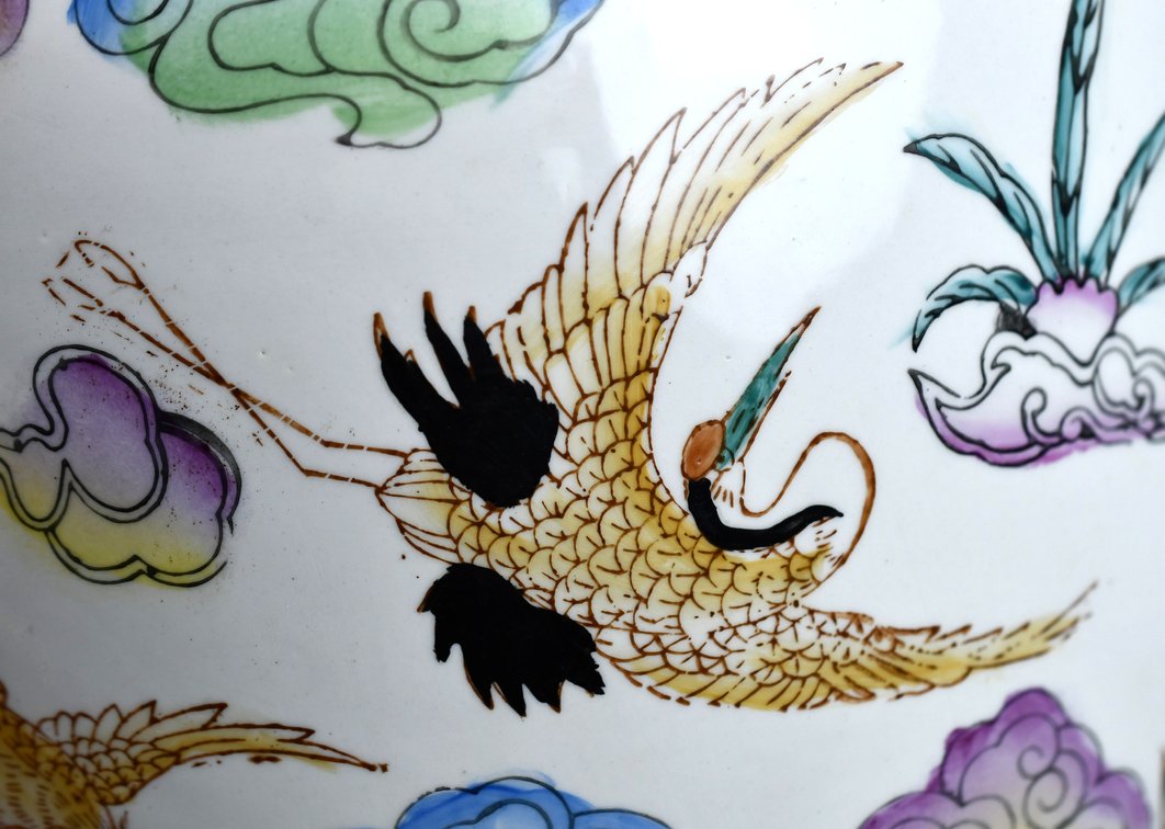 Chinese Famille Rose Cranes in Clouds Ceramic Vase, photo 12 of 15