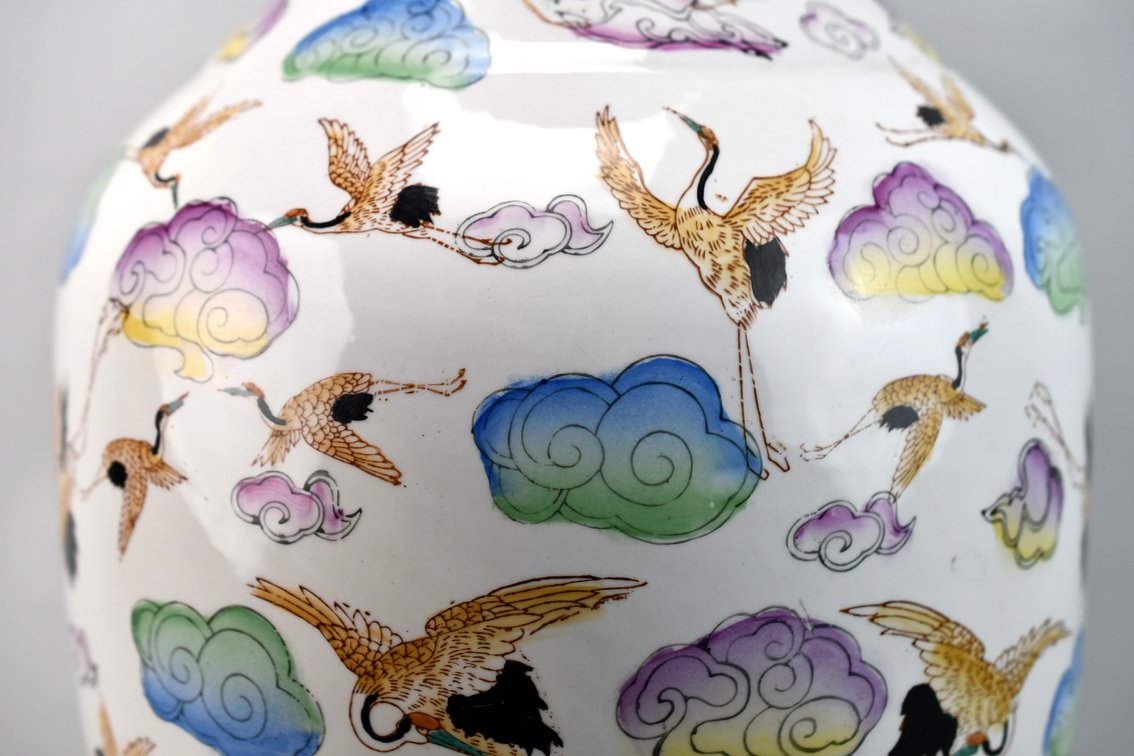 Chinese Famille Rose Cranes in Clouds Ceramic Vase, photo 7 of 15