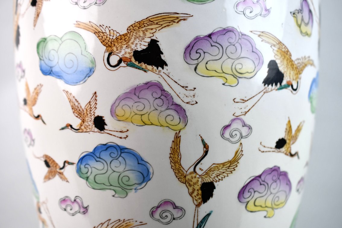 Chinese Famille Rose Cranes in Clouds Ceramic Vase, photo 8 of 15