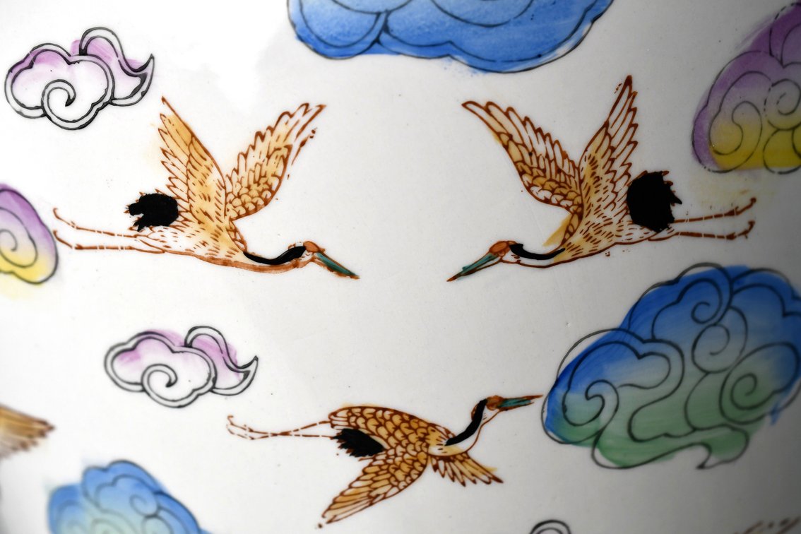 Chinese Famille Rose Cranes in Clouds Ceramic Vase, photo 11 of 15
