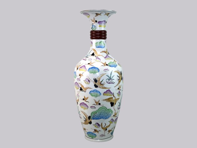 Chinese Famille Rose Cranes in Clouds Ceramic Vase