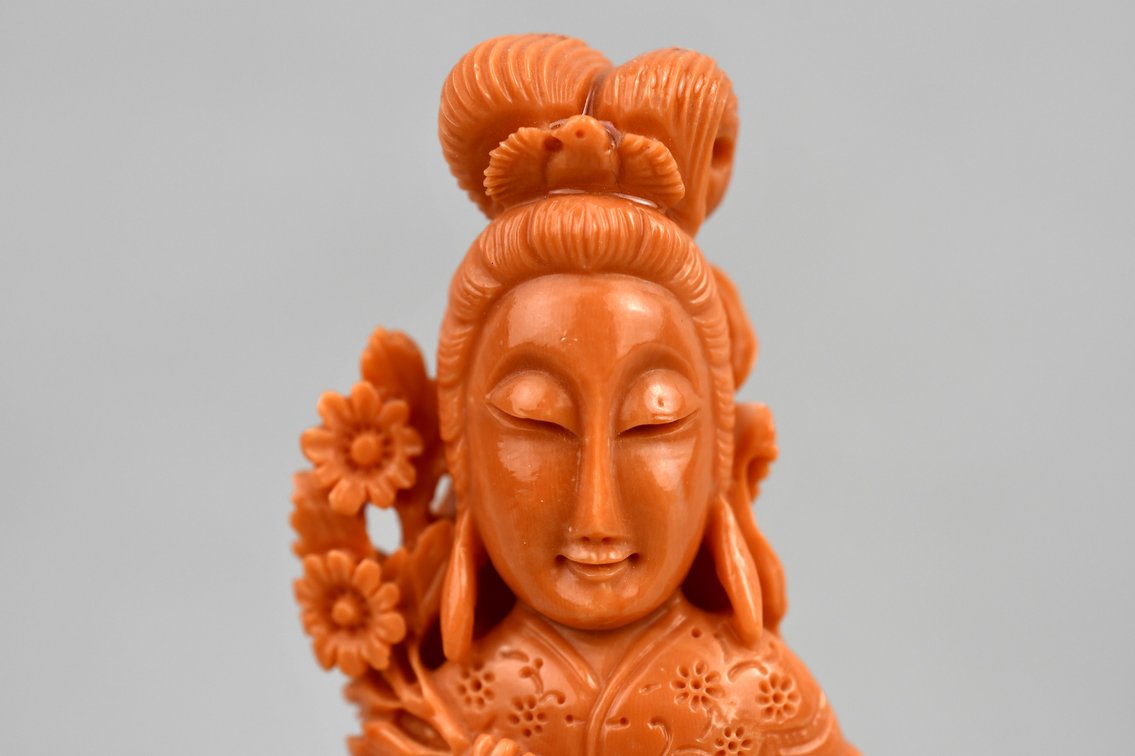 Carved Red Coral Guanyin Sculpture, photo 2 of 17