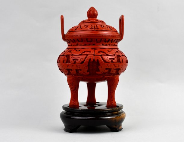 Carved Cinnabar Lacquer Tripod Censer