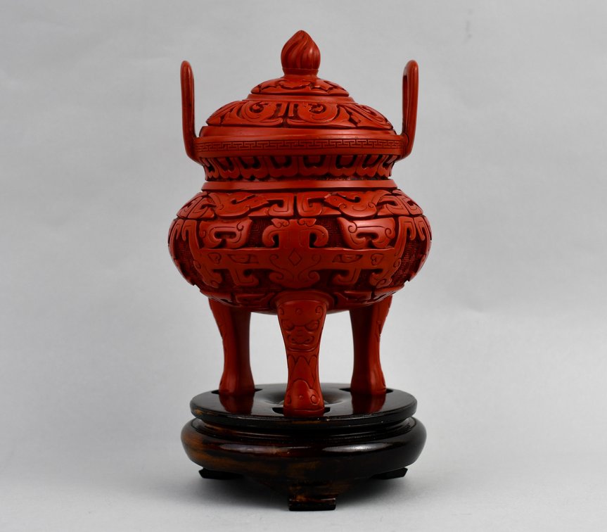 Carved Cinnabar Lacquer Tripod Censer, photo 7 of 16