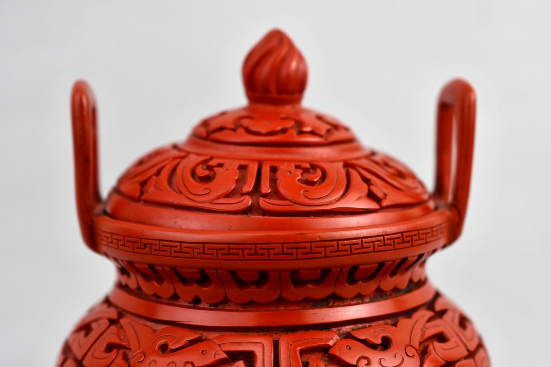 Carved Cinnabar Lacquer Tripod Censer, photo 8 of 16