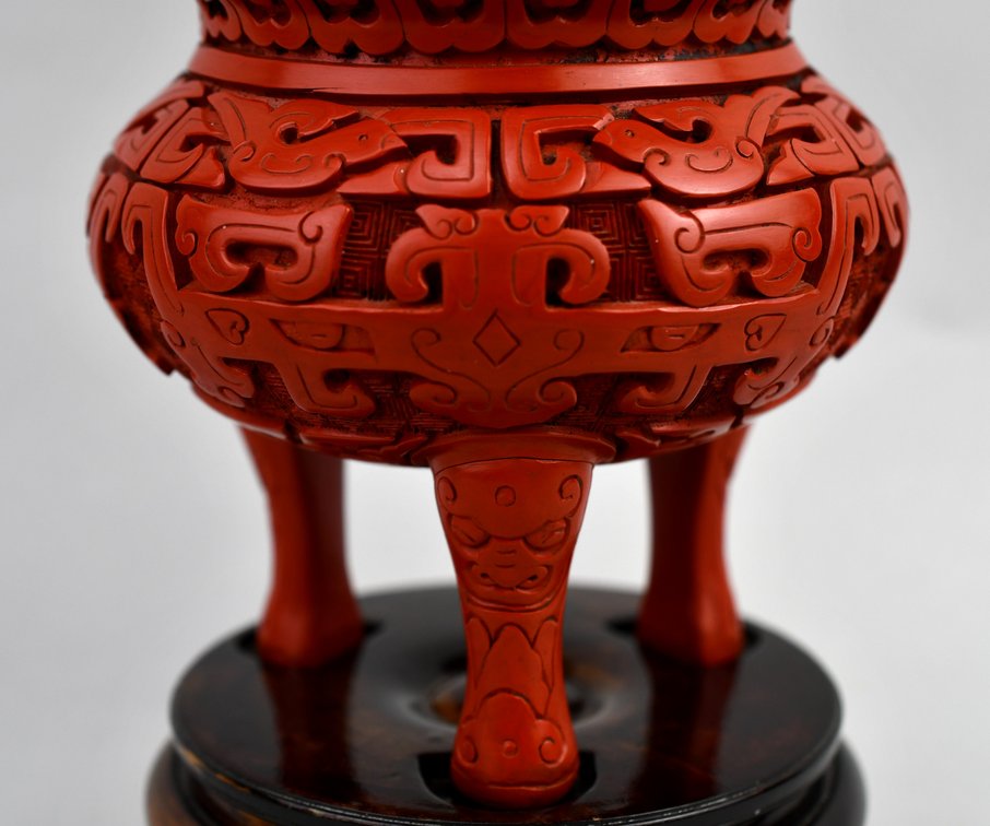Carved Cinnabar Lacquer Tripod Censer, photo 9 of 16