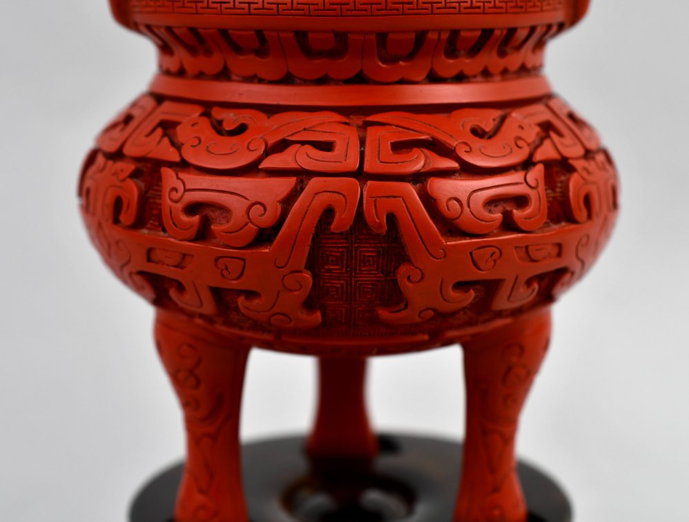 Carved Cinnabar Lacquer Tripod Censer, photo 3 of 16