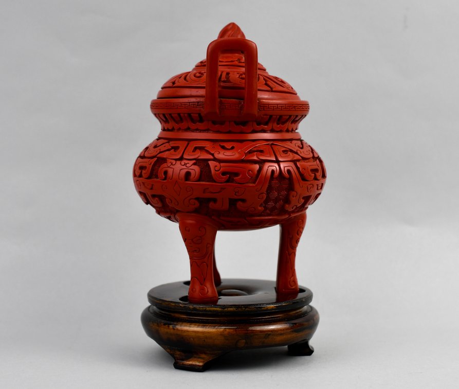 Carved Cinnabar Lacquer Tripod Censer, photo 4 of 16