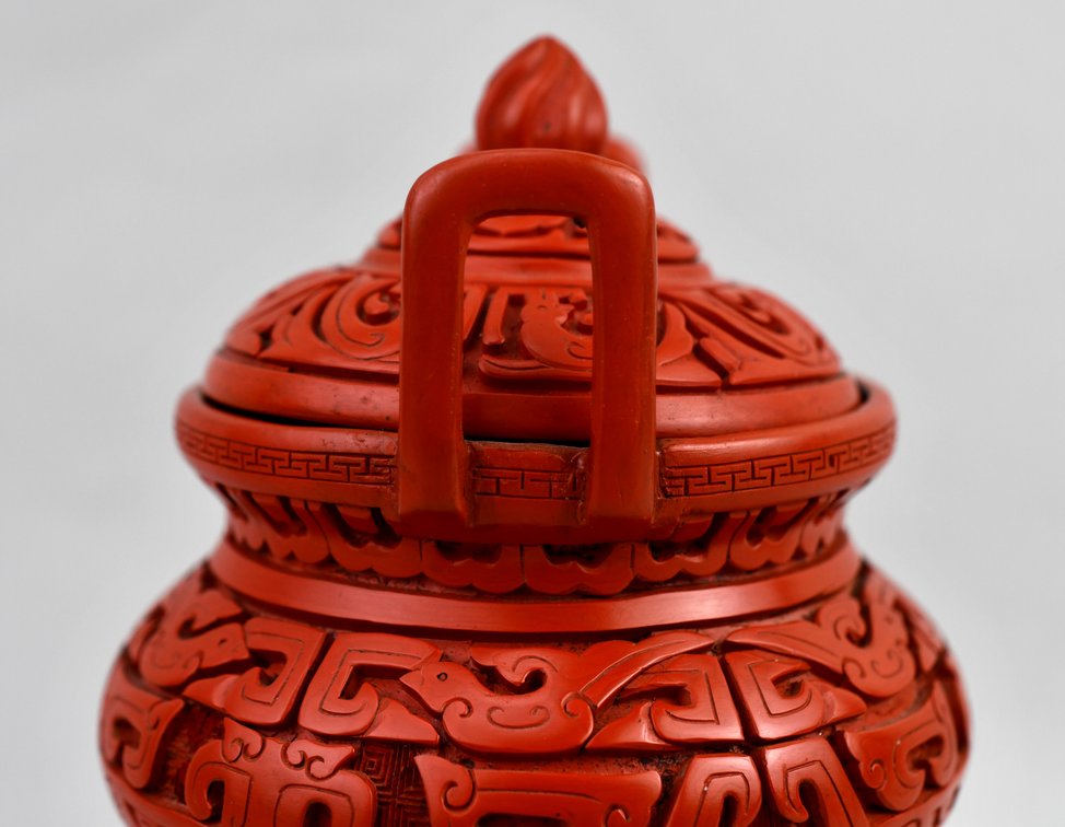 Carved Cinnabar Lacquer Tripod Censer, photo 5 of 16