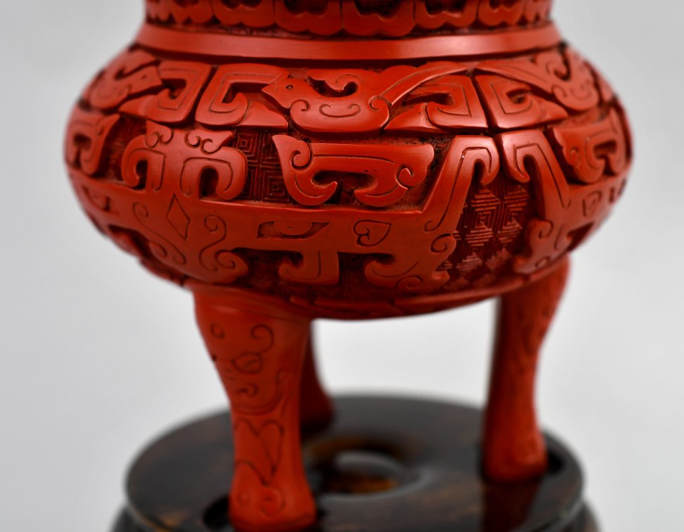Carved Cinnabar Lacquer Tripod Censer, photo 6 of 16