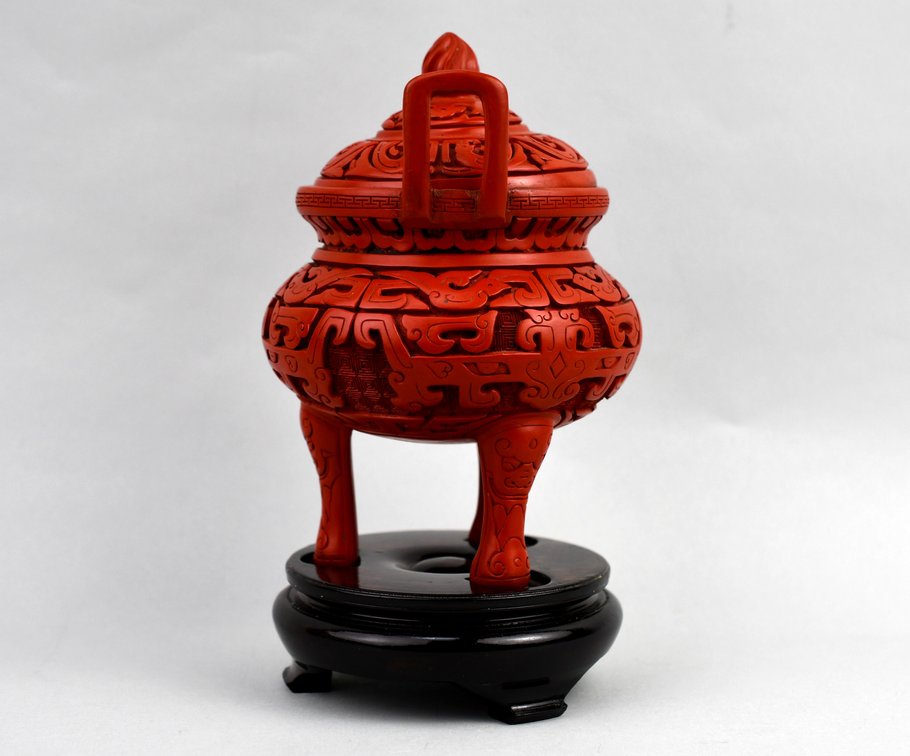 Carved Cinnabar Lacquer Tripod Censer, photo 10 of 16