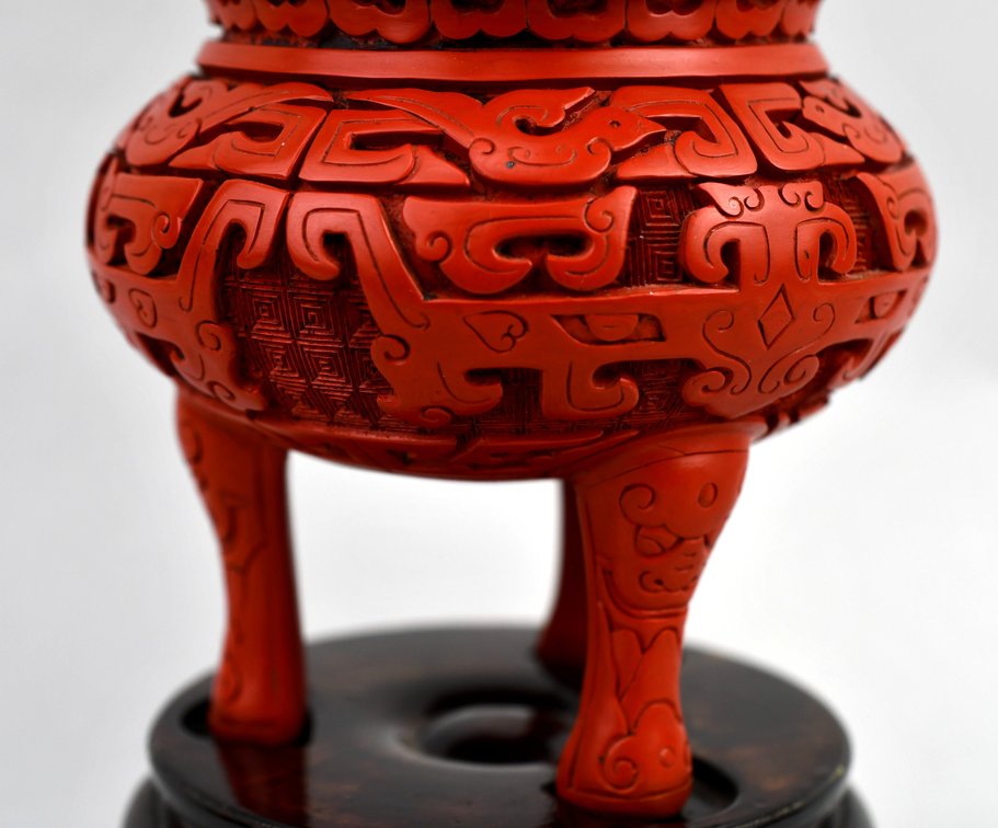 Carved Cinnabar Lacquer Tripod Censer, photo 12 of 16