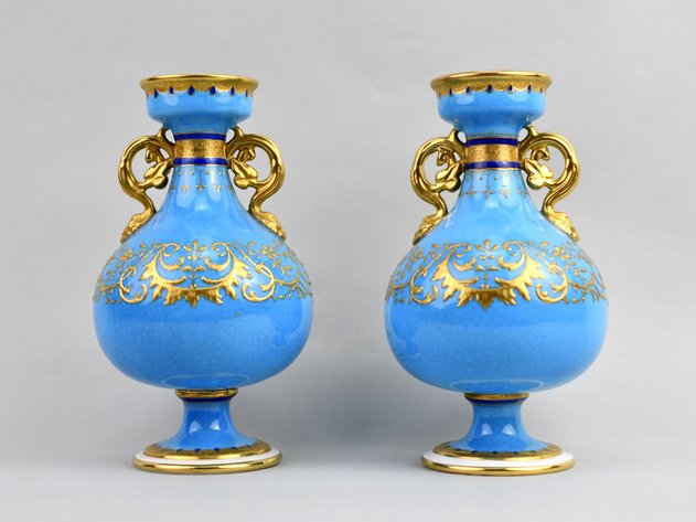 Mintons Bleu Céleste Gilt Twin-Handled Vases