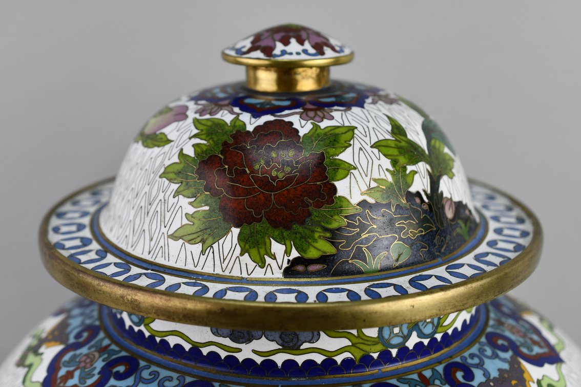 Brass Chinese Cloisonné Floral Lidded Ginger Jar, photo 15 of 29