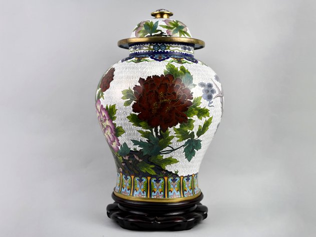 Brass Chinese Cloisonné Floral Lidded Ginger Jar