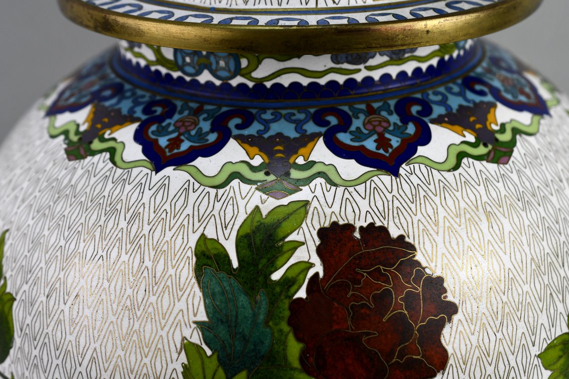 Brass Chinese Cloisonné Floral Lidded Ginger Jar, photo 23 of 29