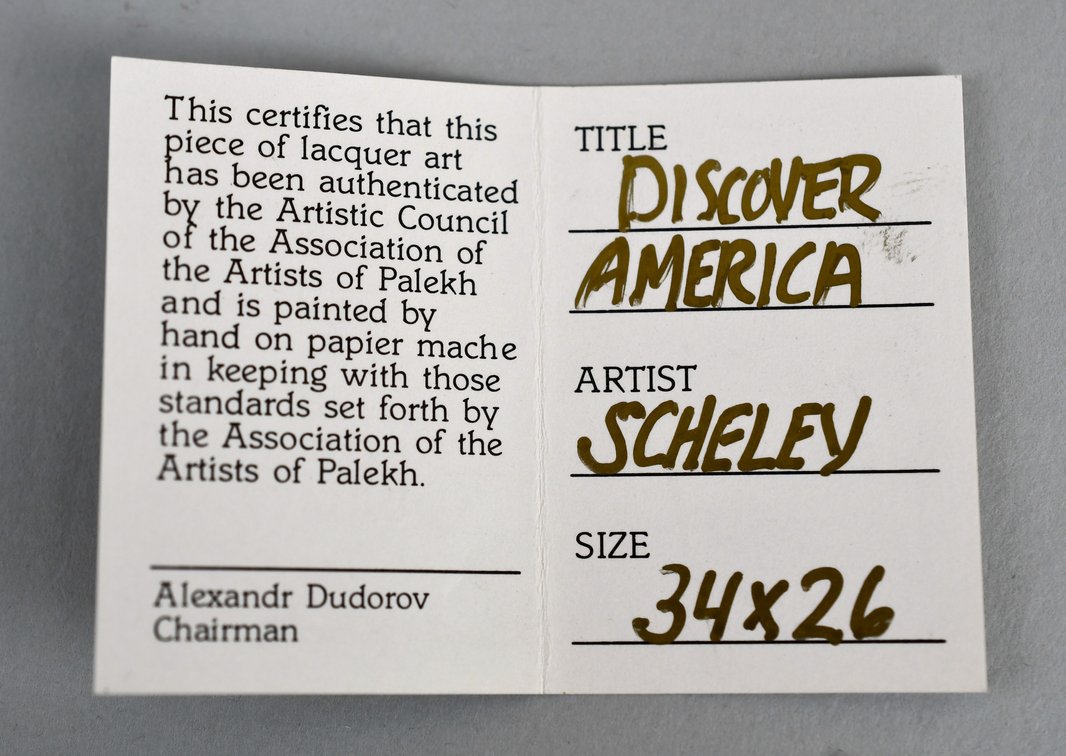 Scheley "Discover America” Palekh Russian Lacquer Panel, photo 12 of 12