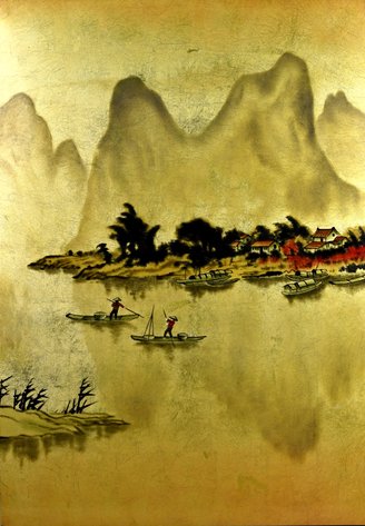 Asian Lacquered Wood Landscape Panel