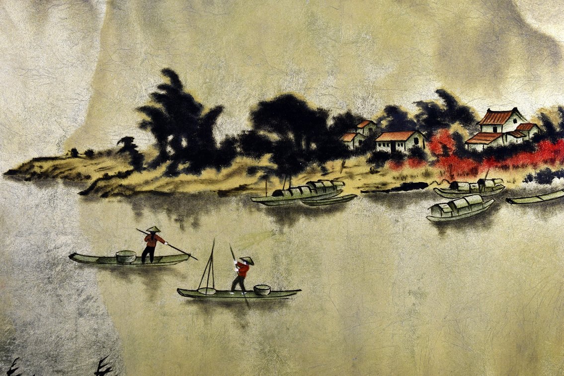 Asian Lacquered Wood Landscape Panel, photo 4 of 9