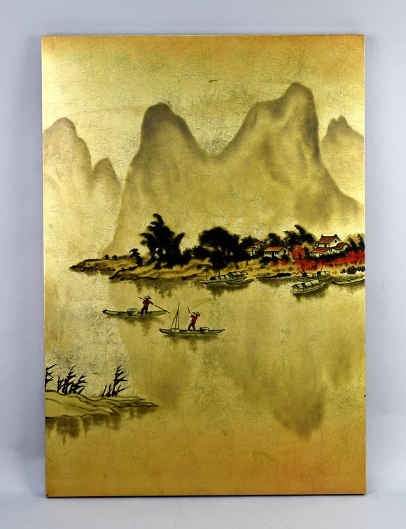 Asian Lacquered Wood Landscape Panel, photo 2 of 9