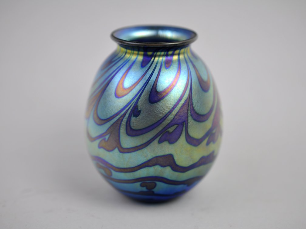 Charles Lotton Blue Iridescent Wavy Vase, photo 2 of 8