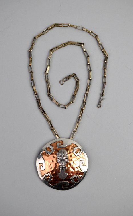 Silver & Copper Peru Tumi Brooch Pendant Necklace, photo 6 of 11