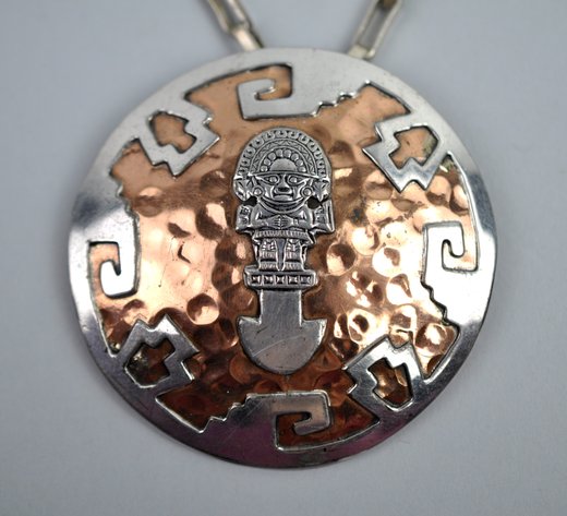 Silver & Copper Peru Tumi Brooch Pendant Necklace