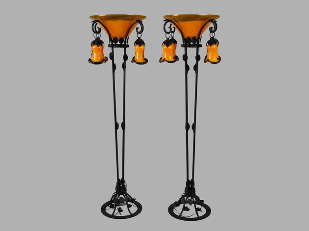 Art Deco Iron Floor Lamps w/ Orange Glass