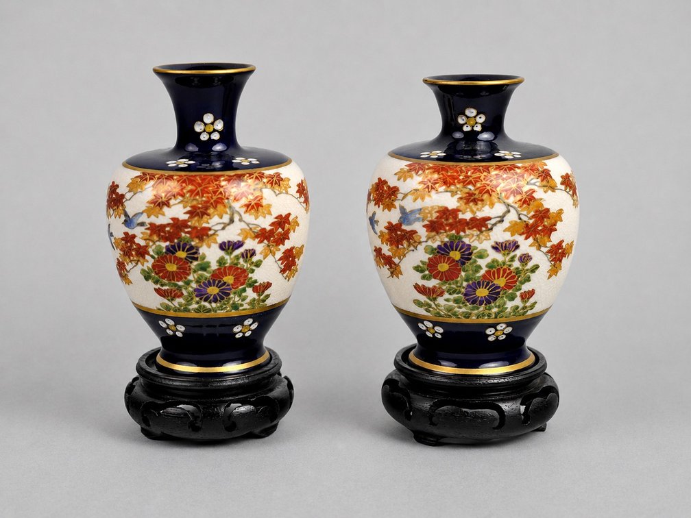 Koshida Satsuma Bird & Floral Vases Pair