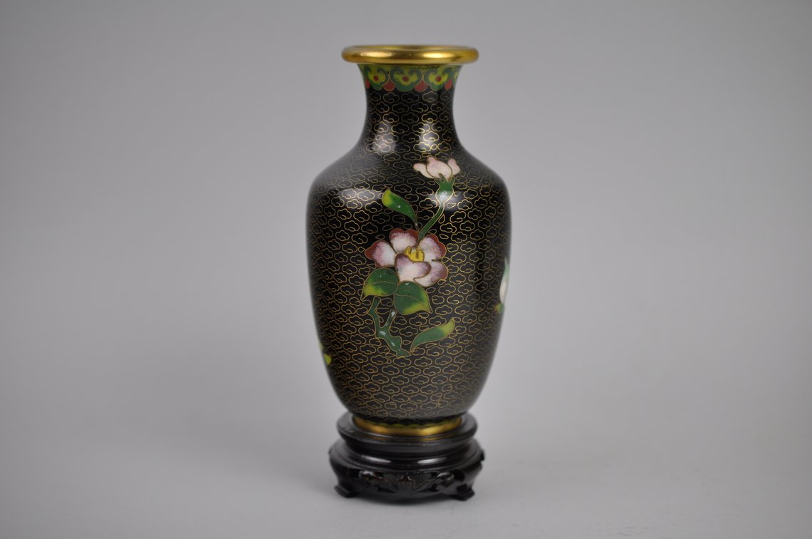 Chinese Cloisonné  Black Floral Vases Pair, photo 6 of 19