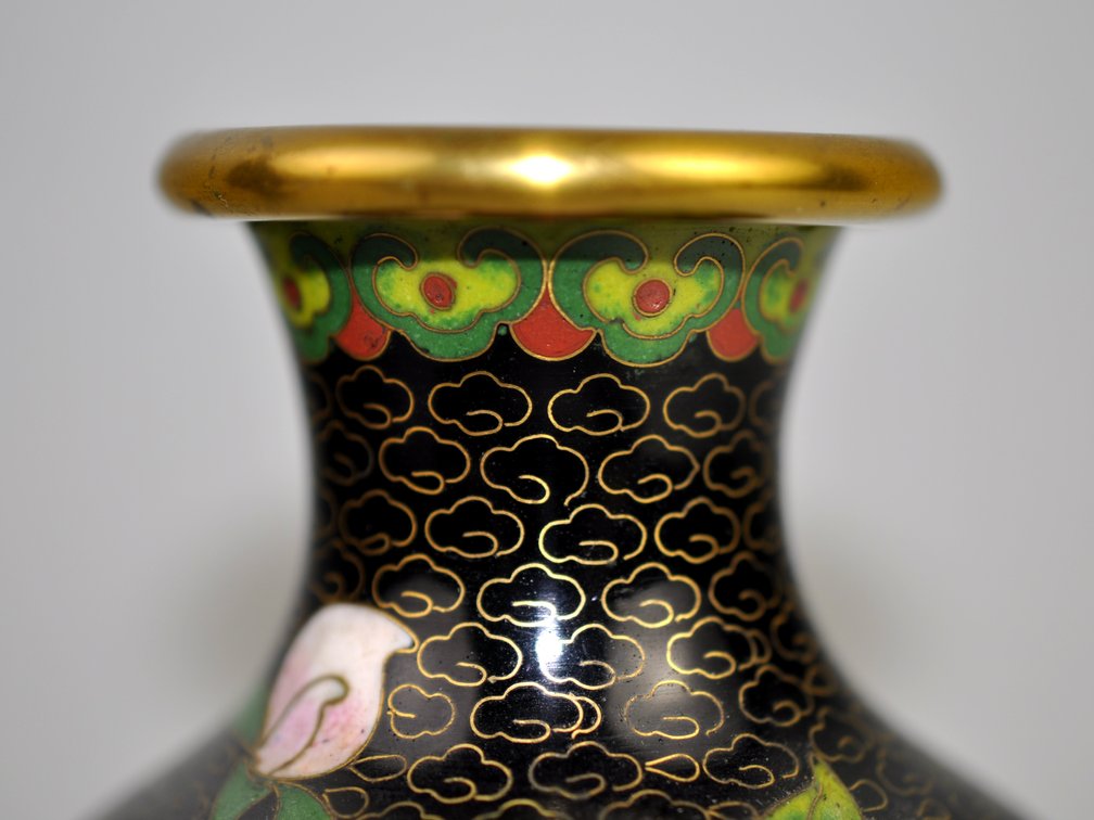 Chinese Cloisonné  Black Floral Vases Pair, photo 11 of 19