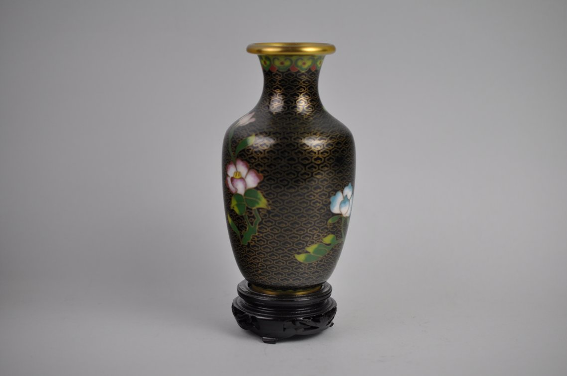 Chinese Cloisonné  Black Floral Vases Pair, photo 15 of 19