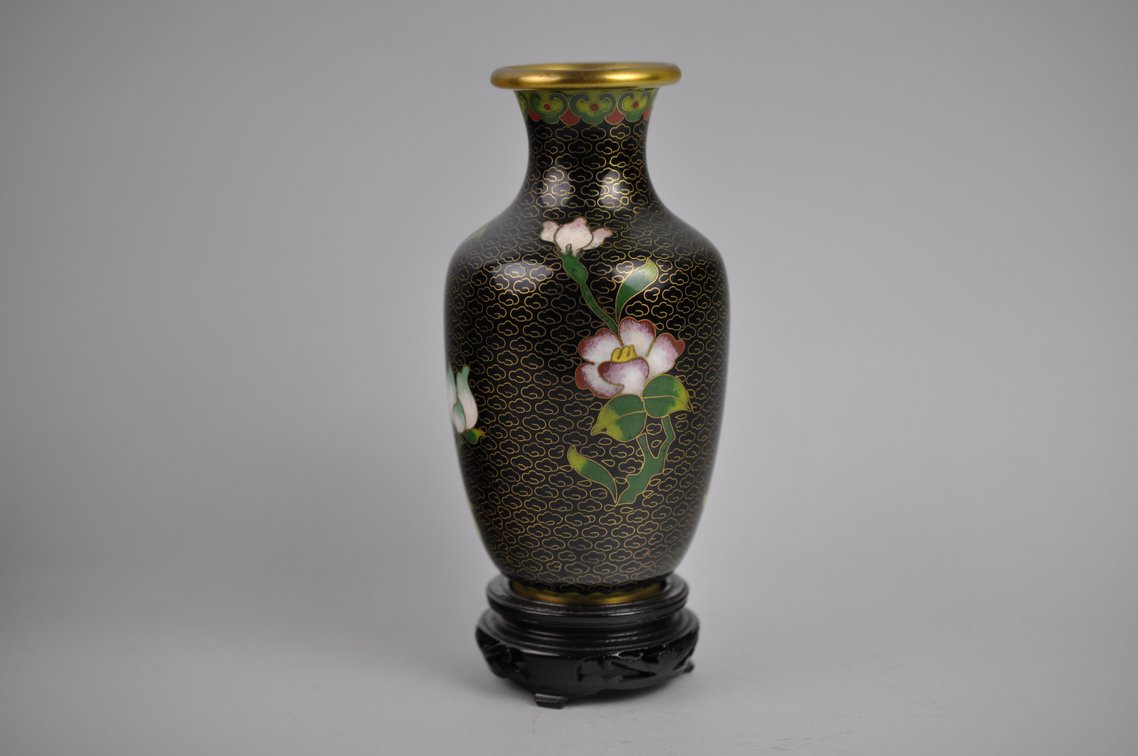 Chinese Cloisonné  Black Floral Vases Pair, photo 16 of 19