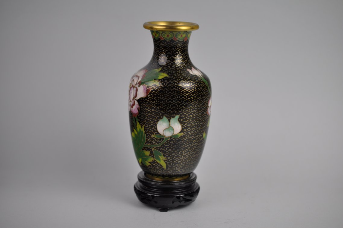 Chinese Cloisonné  Black Floral Vases Pair, photo 17 of 19