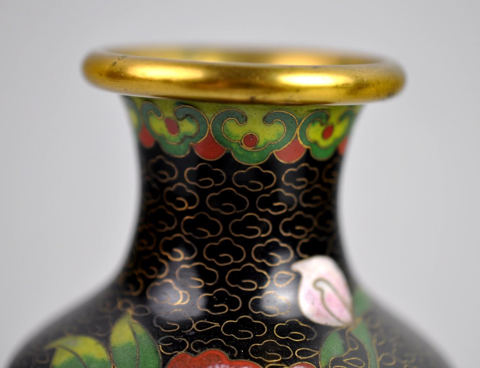 Chinese Cloisonné  Black Floral Vases Pair, photo 2 of 19