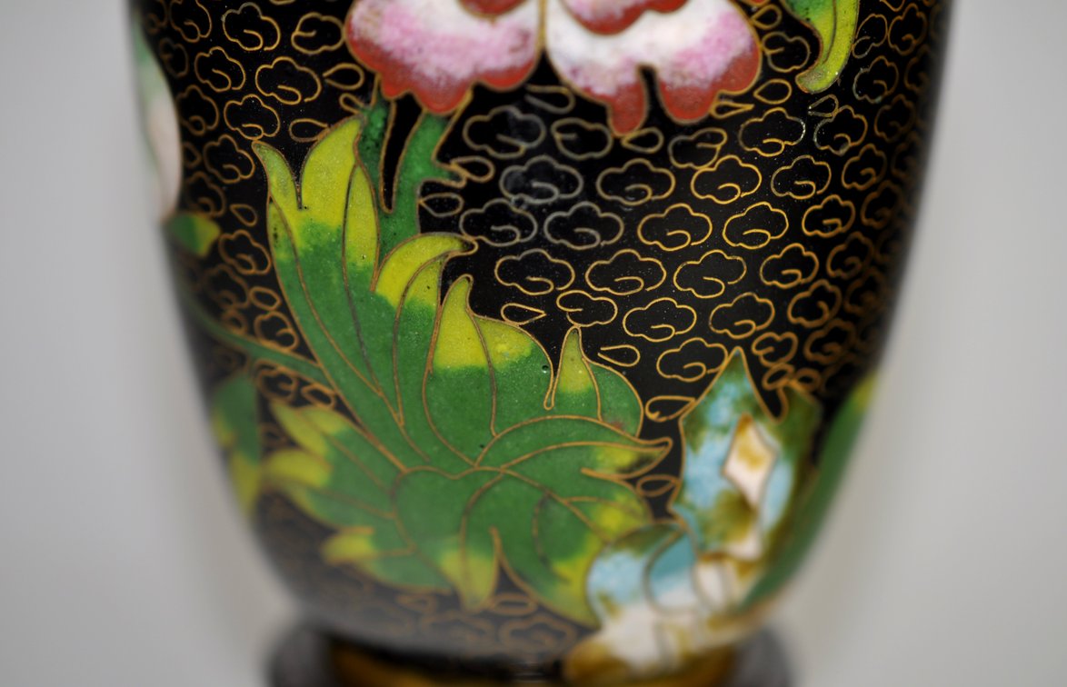Chinese Cloisonné  Black Floral Vases Pair, photo 4 of 19