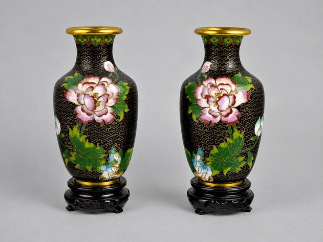 Chinese Cloisonné  Black Floral Vases Pair