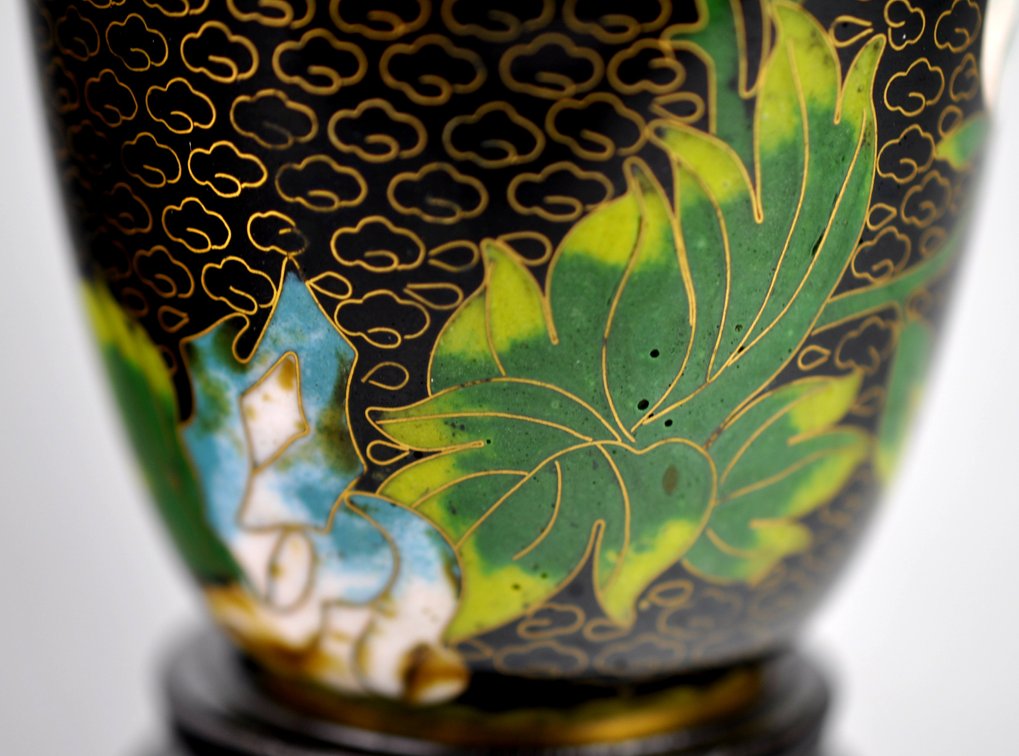 Chinese Cloisonné  Black Floral Vases Pair, photo 13 of 19