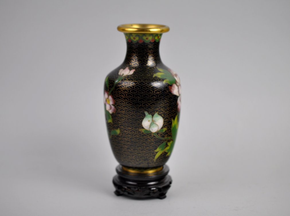 Chinese Cloisonné  Black Floral Vases Pair, photo 7 of 19