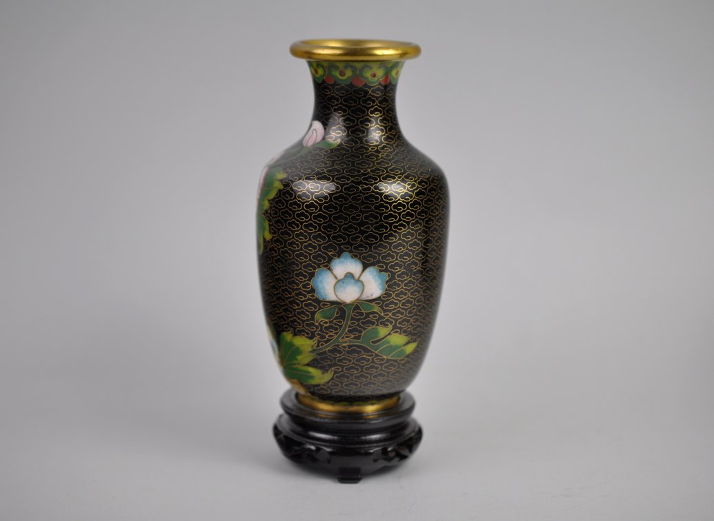 Chinese Cloisonné  Black Floral Vases Pair, photo 8 of 19