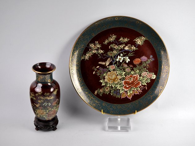 Japanese Arita Bird and Floral Vase and Charger