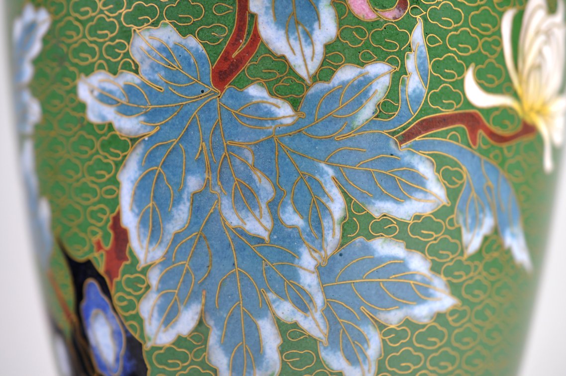 Chinese Cloisonné Floral Vases Pair, photo 5 of 24