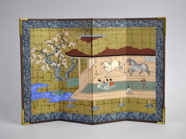 Miniature Four-Panel Folding Byōbu with Horse Stable Scene
