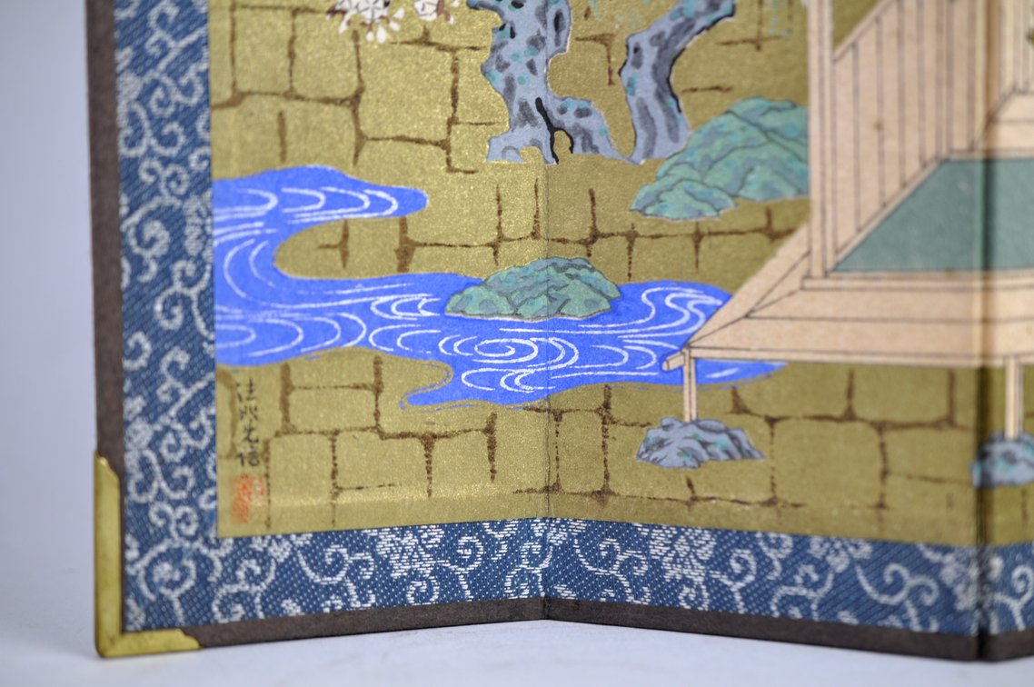 Miniature Four-Panel Folding Byōbu with Horse Stable Scene, photo 3 of 9